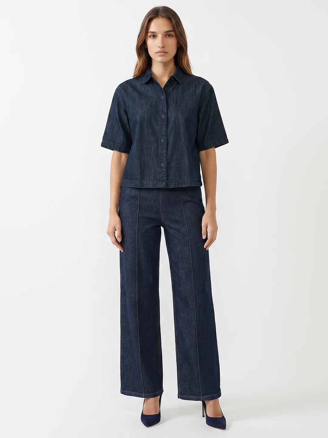 Women Dark Blue Denim Crop Shirt - Image 4