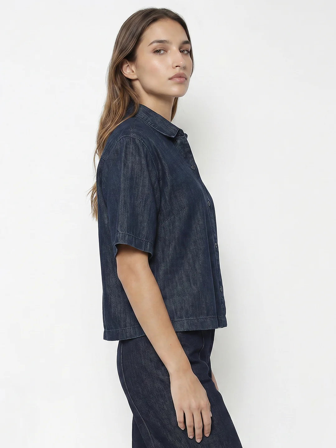 Women Dark Blue Denim Crop Shirt - Image 5