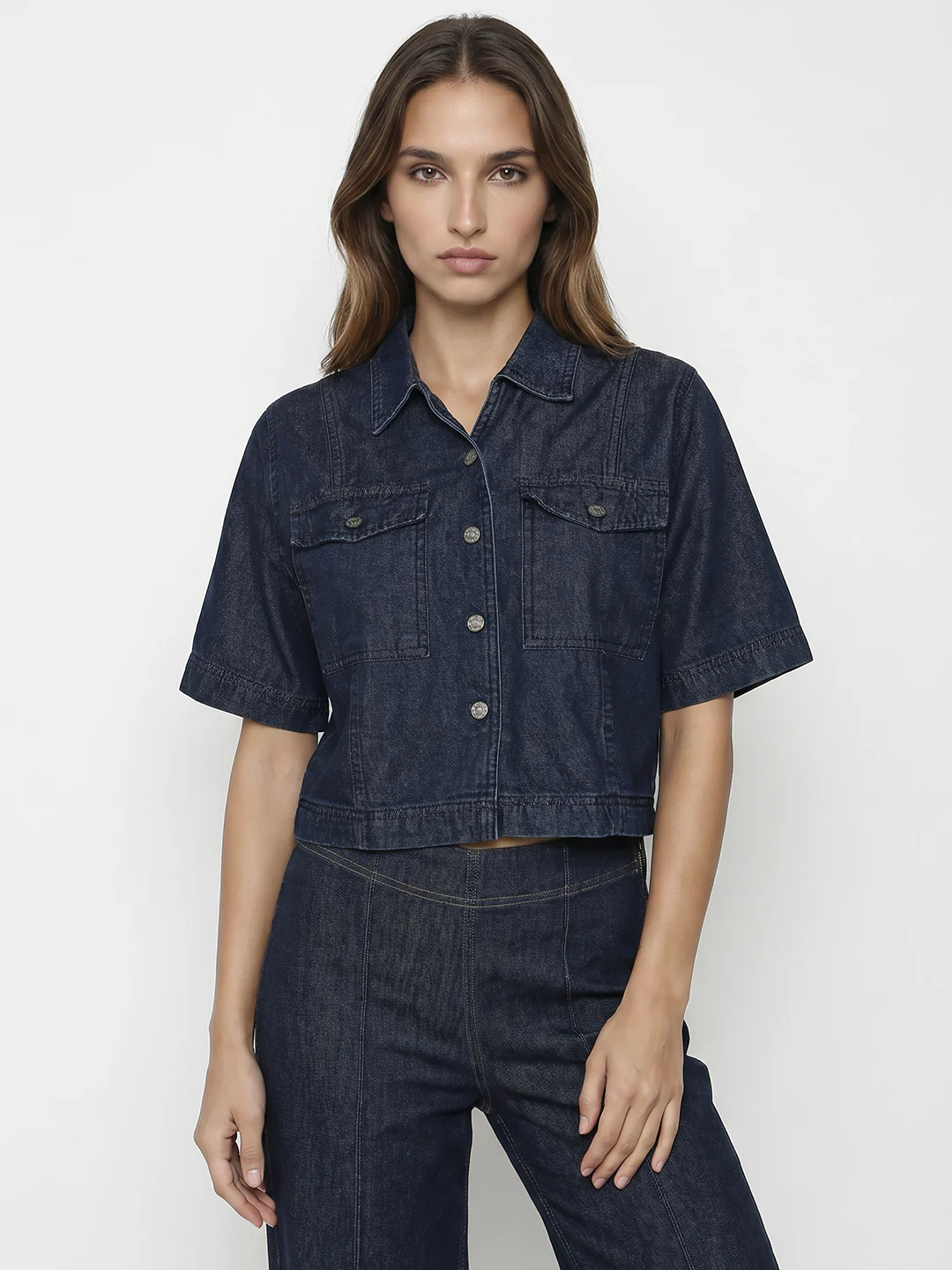 Women Dark Blue Denim Shirt - Image 2
