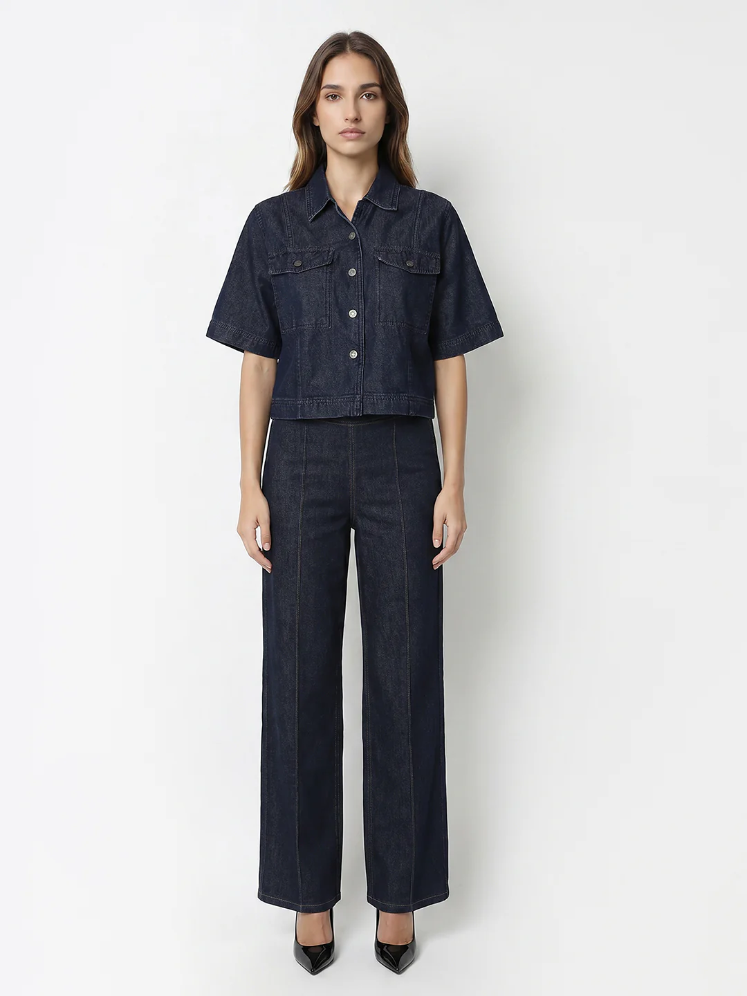Women Dark Blue Denim Shirt - Image 4