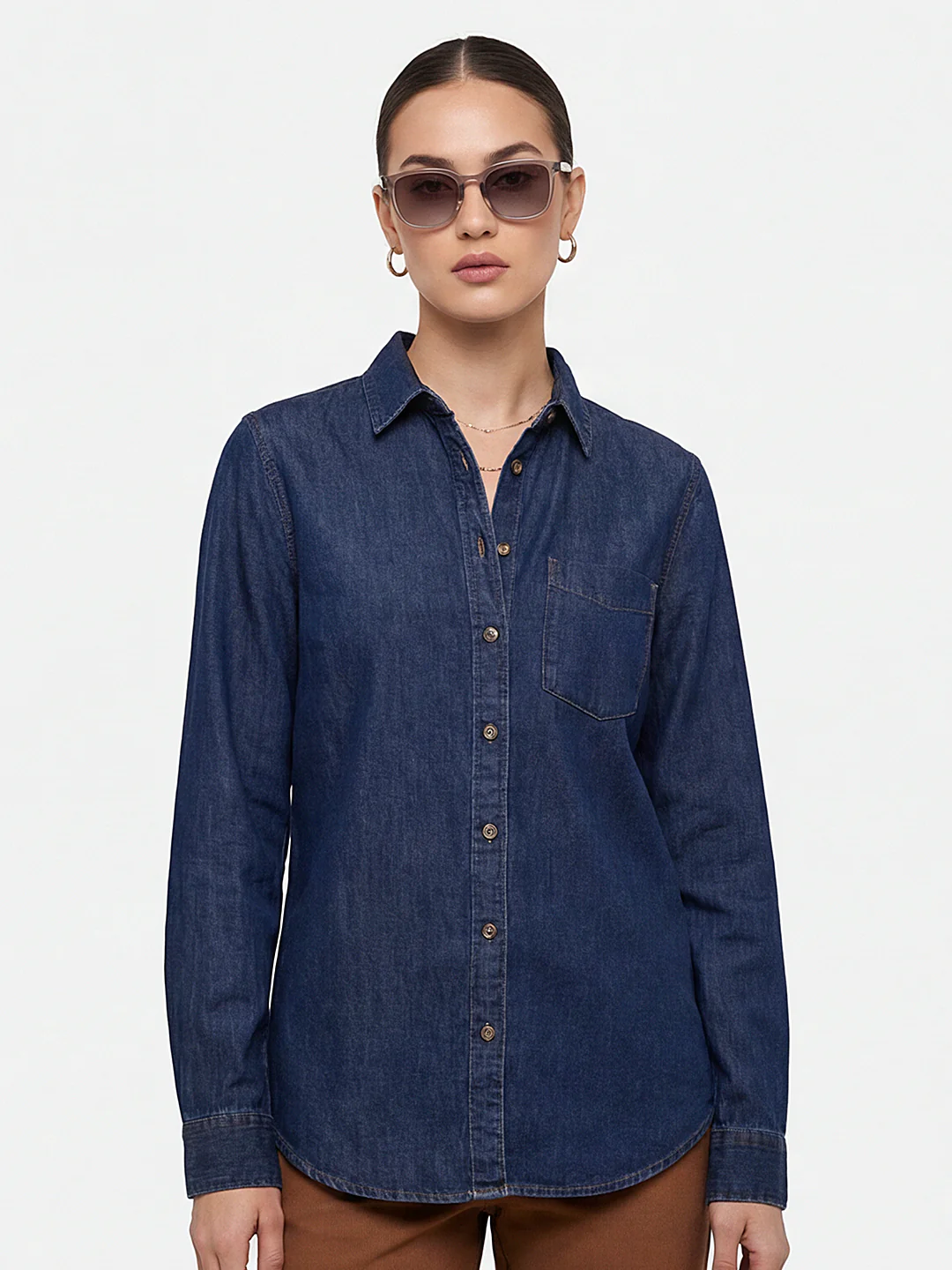Women Dark Blue Denim Shirt - Image 2