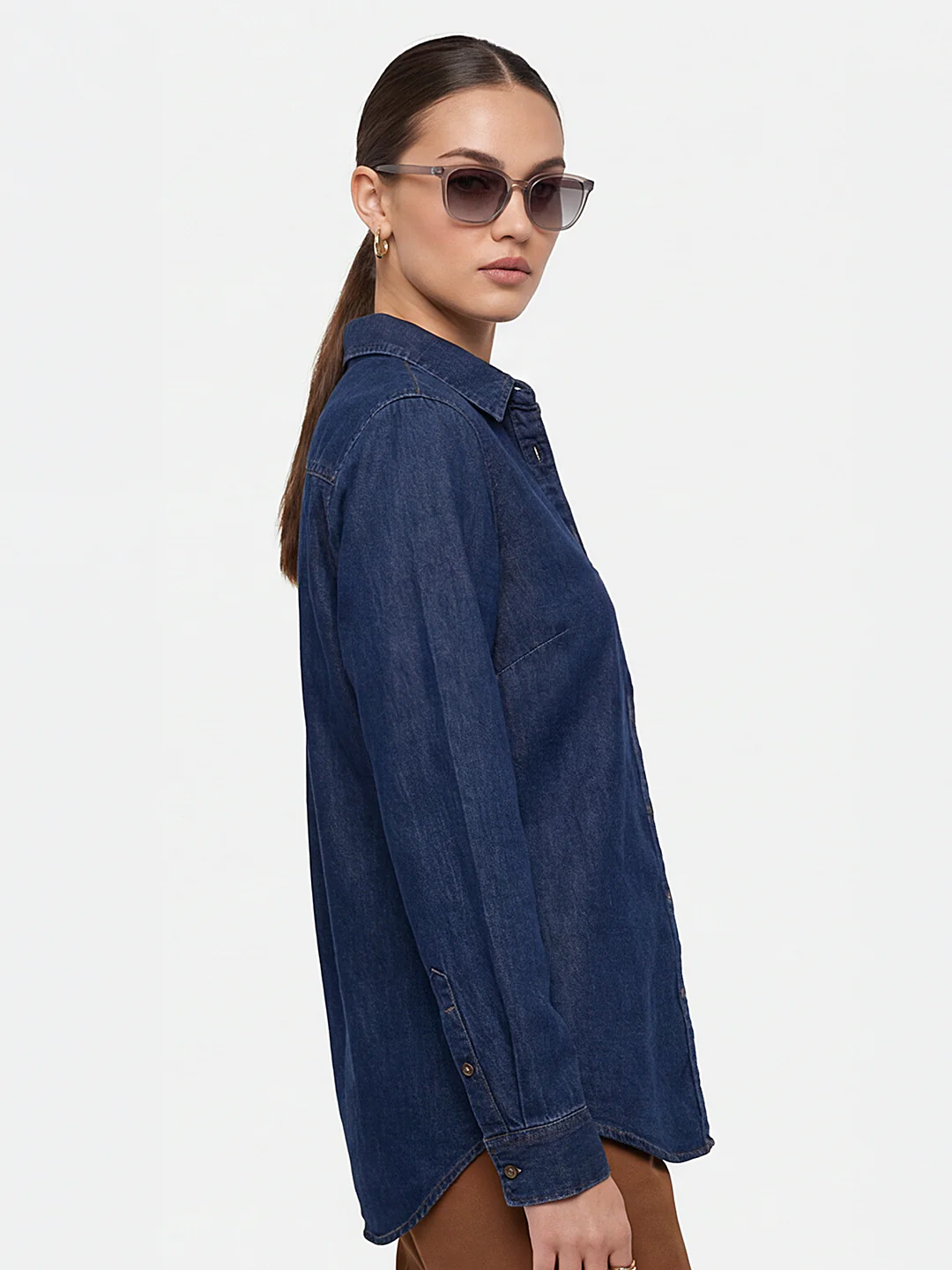 Women Dark Blue Denim Shirt - Image 4