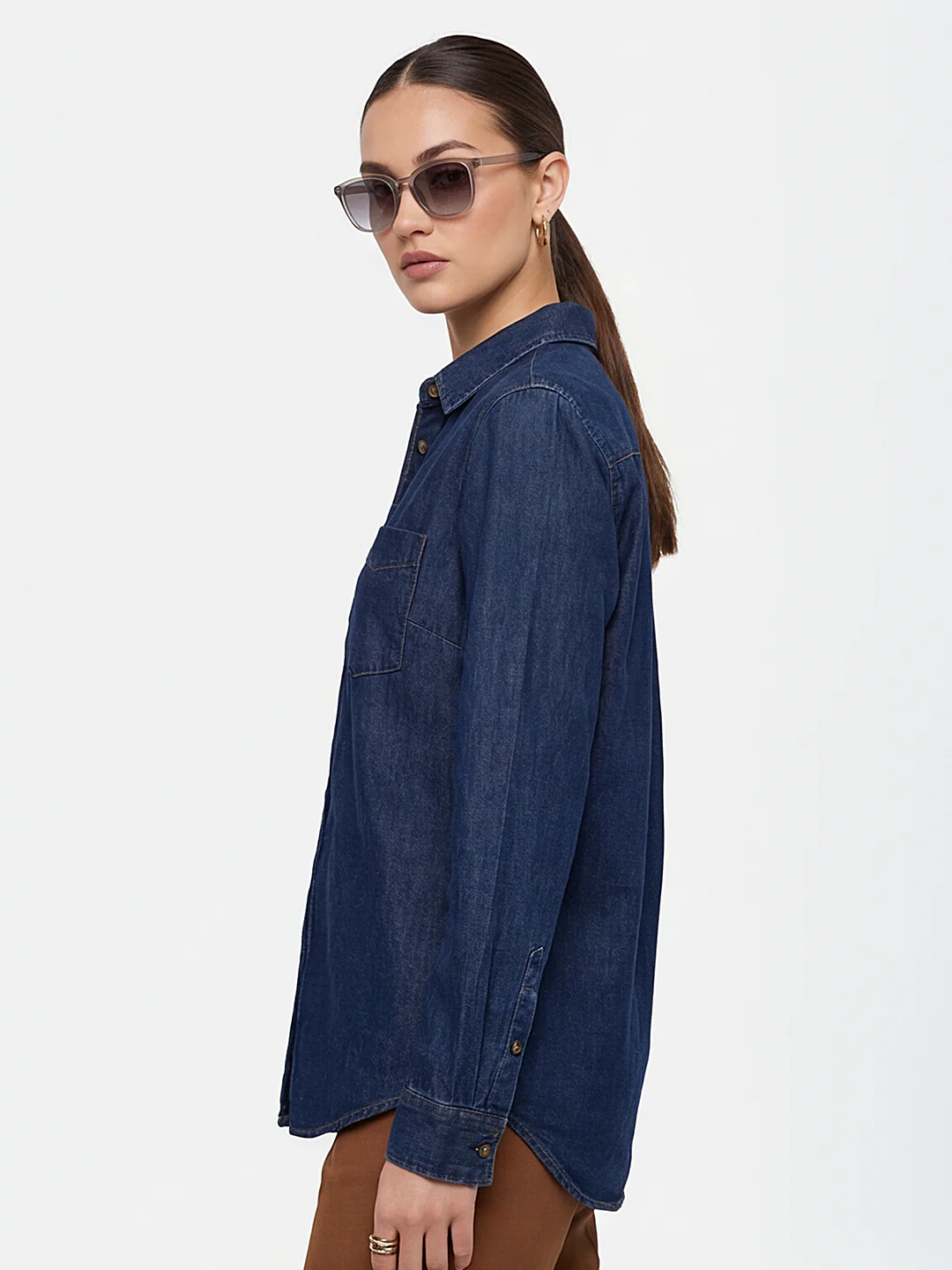 Women Dark Blue Denim Shirt - Image 5