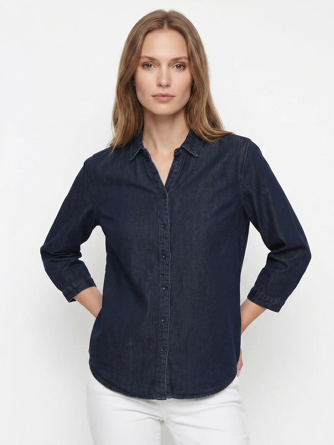 Women Dark Blue Denim Shirt - Image 2