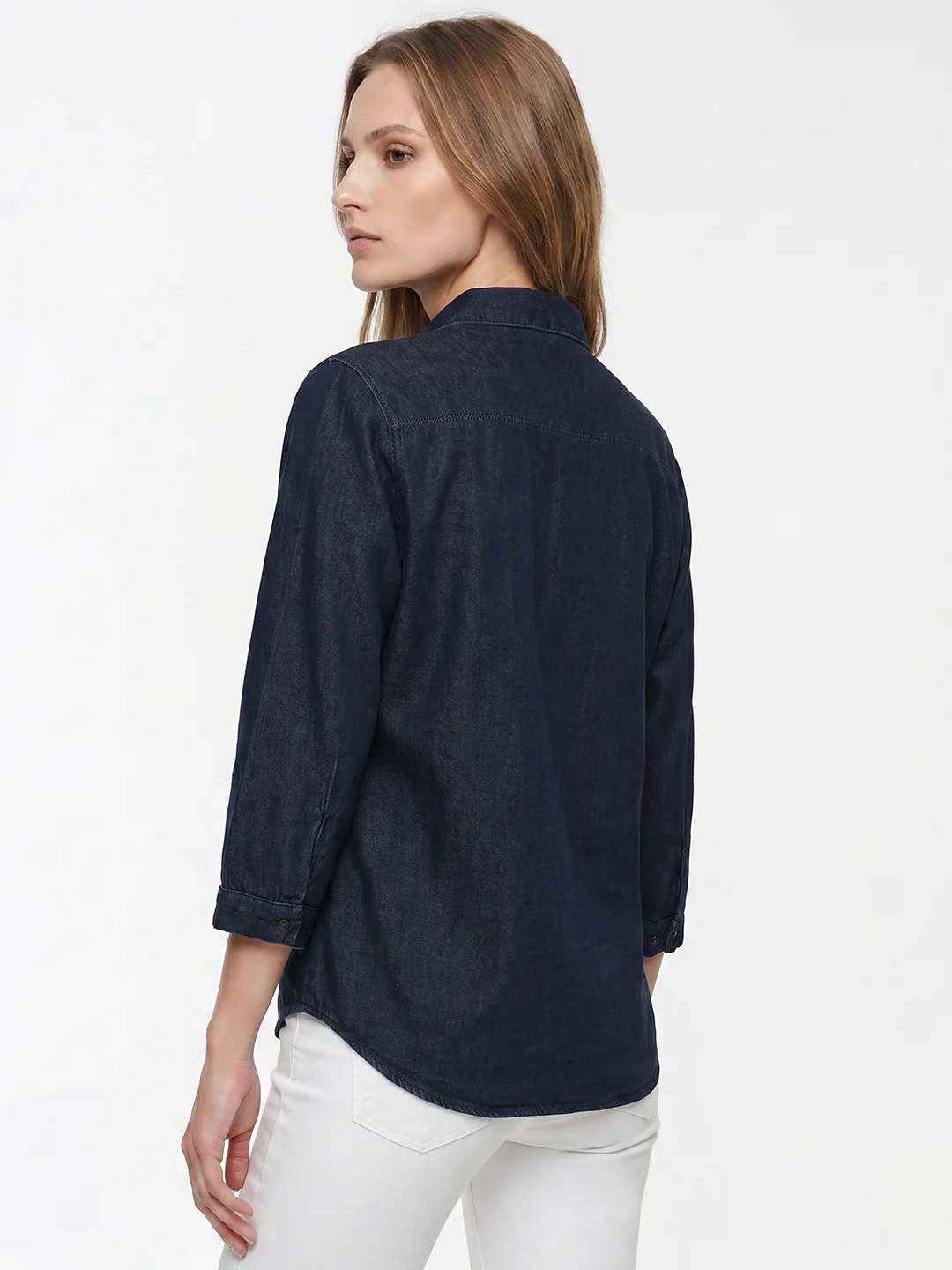 Women Dark Blue Denim Shirt - Image 3