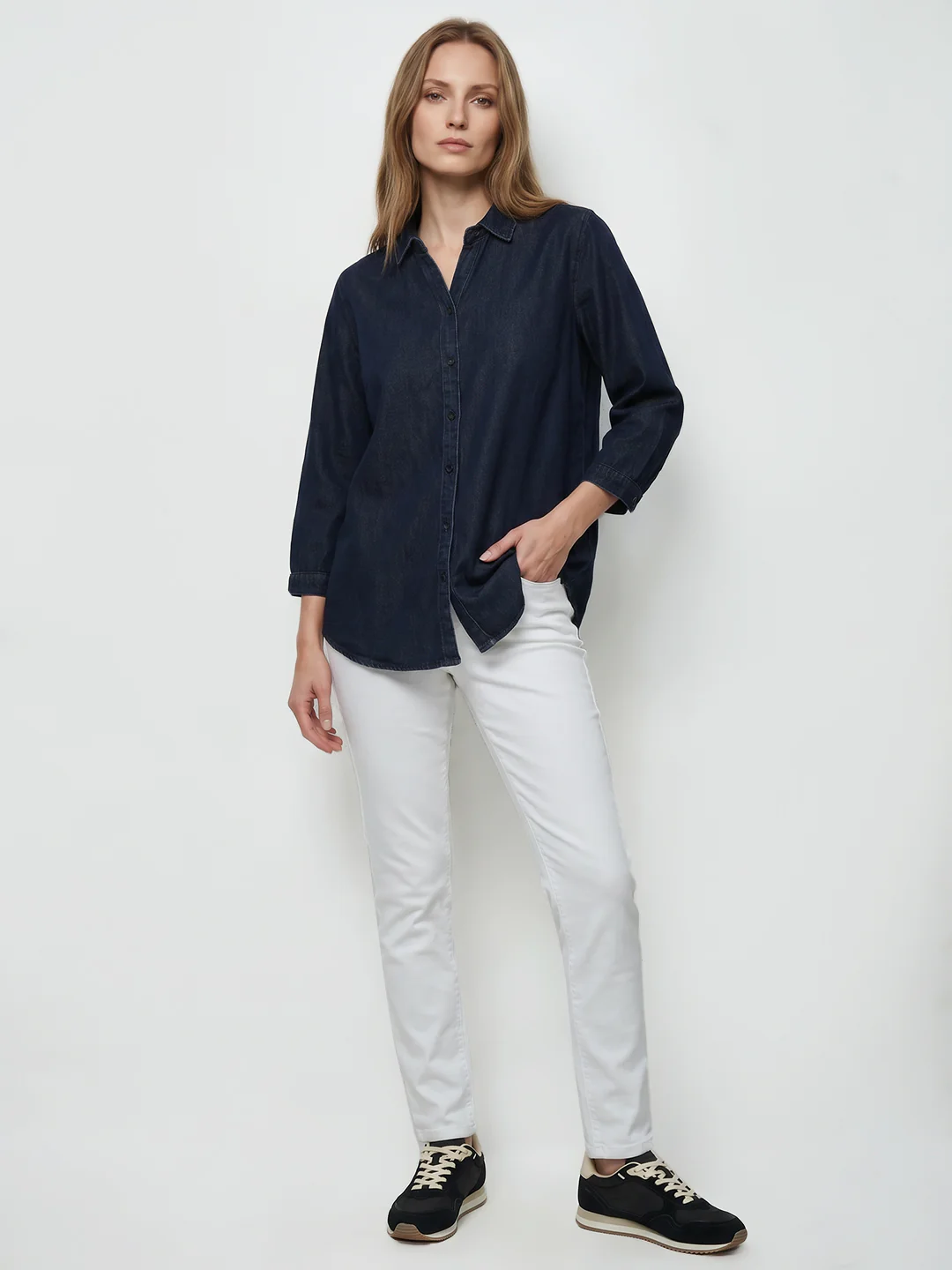 Women Dark Blue Denim Shirt - Image 4