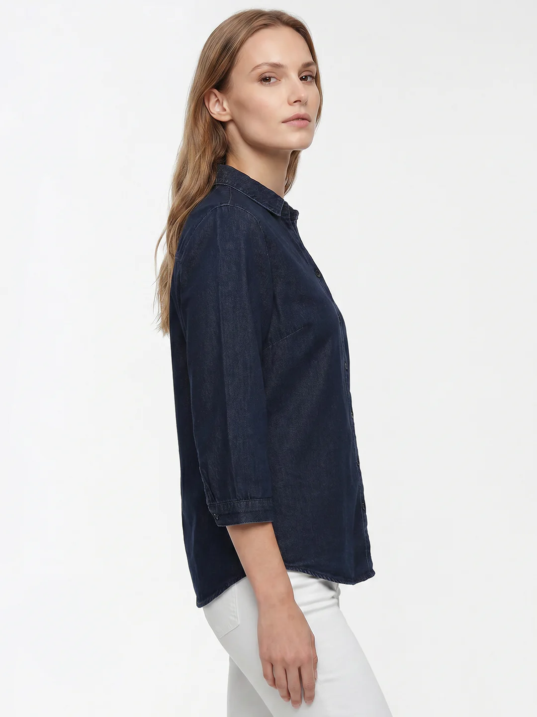 Women Dark Blue Denim Shirt - Image 5