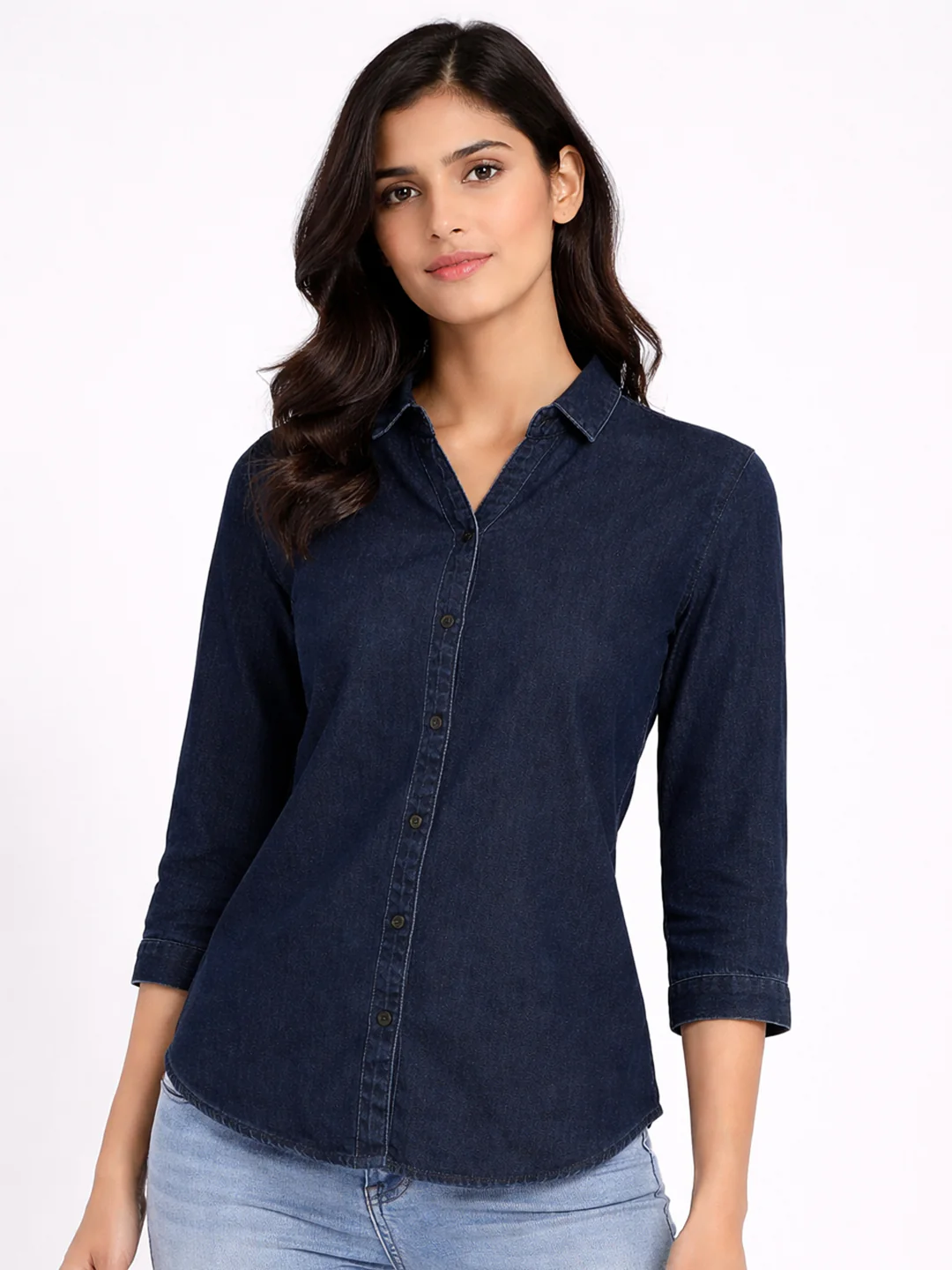 Women Dark Blue Denim Shirt - Image 2