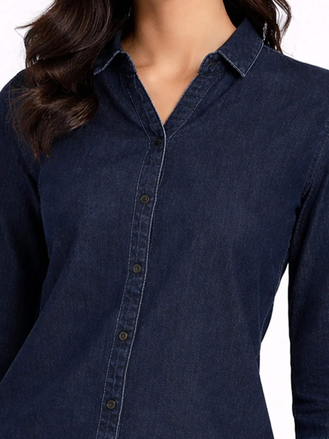 Women Dark Blue Denim Shirt - Image 4