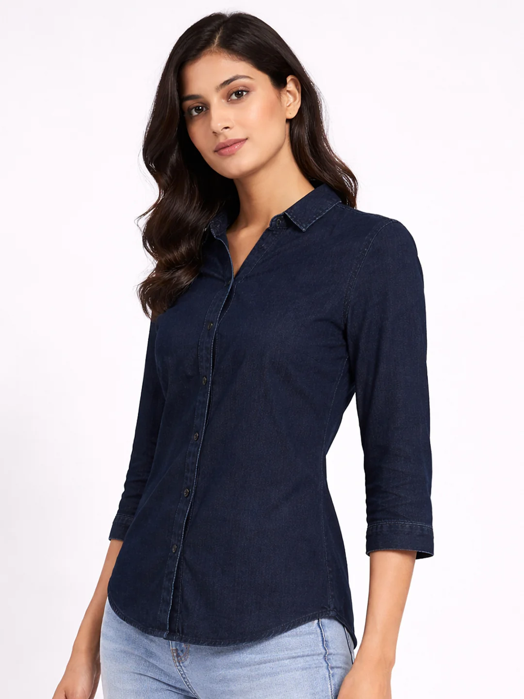 Women Dark Blue Denim Shirt - Image 6