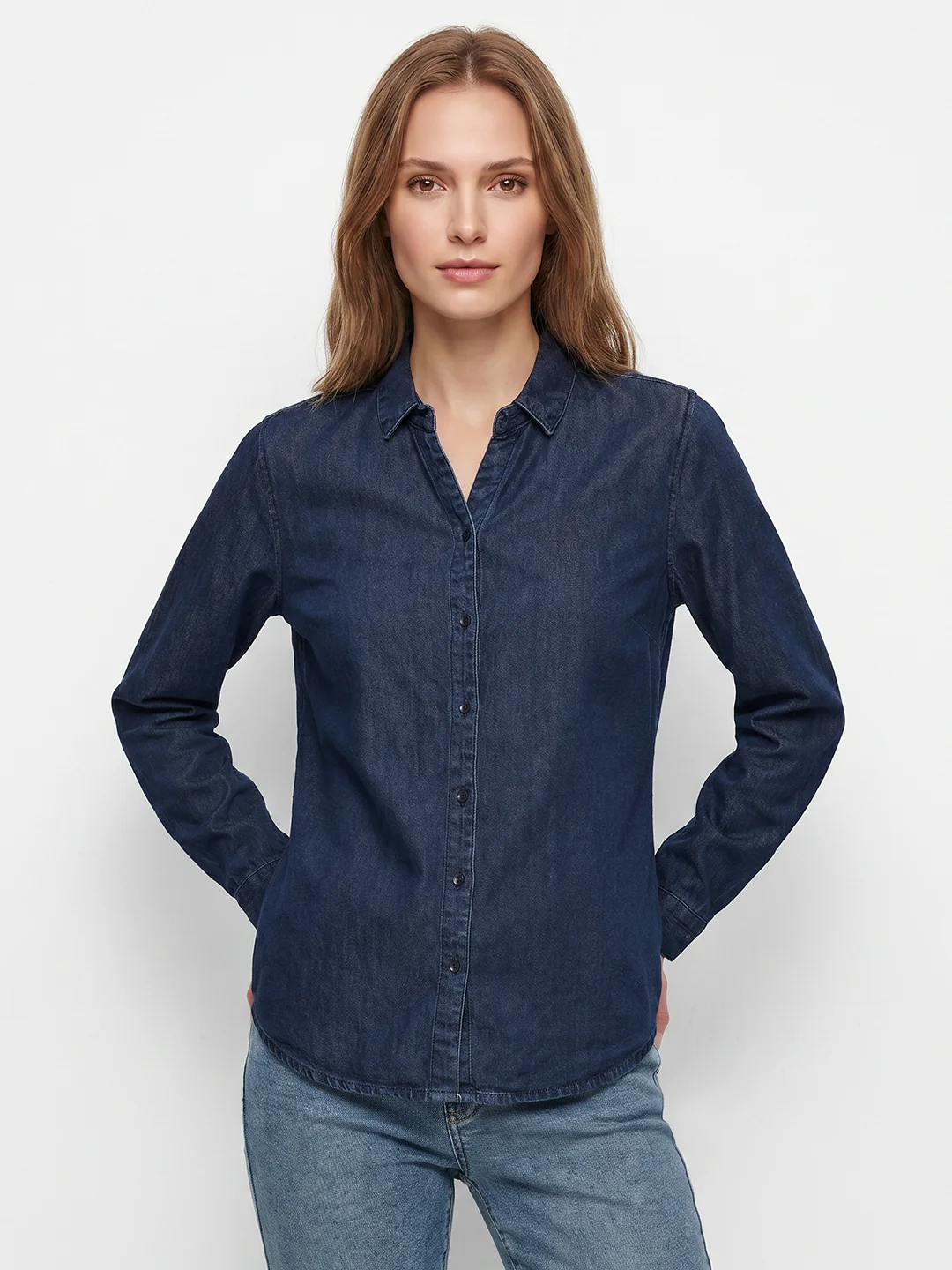 Women Dark Blue Denim Shirt - Image 2