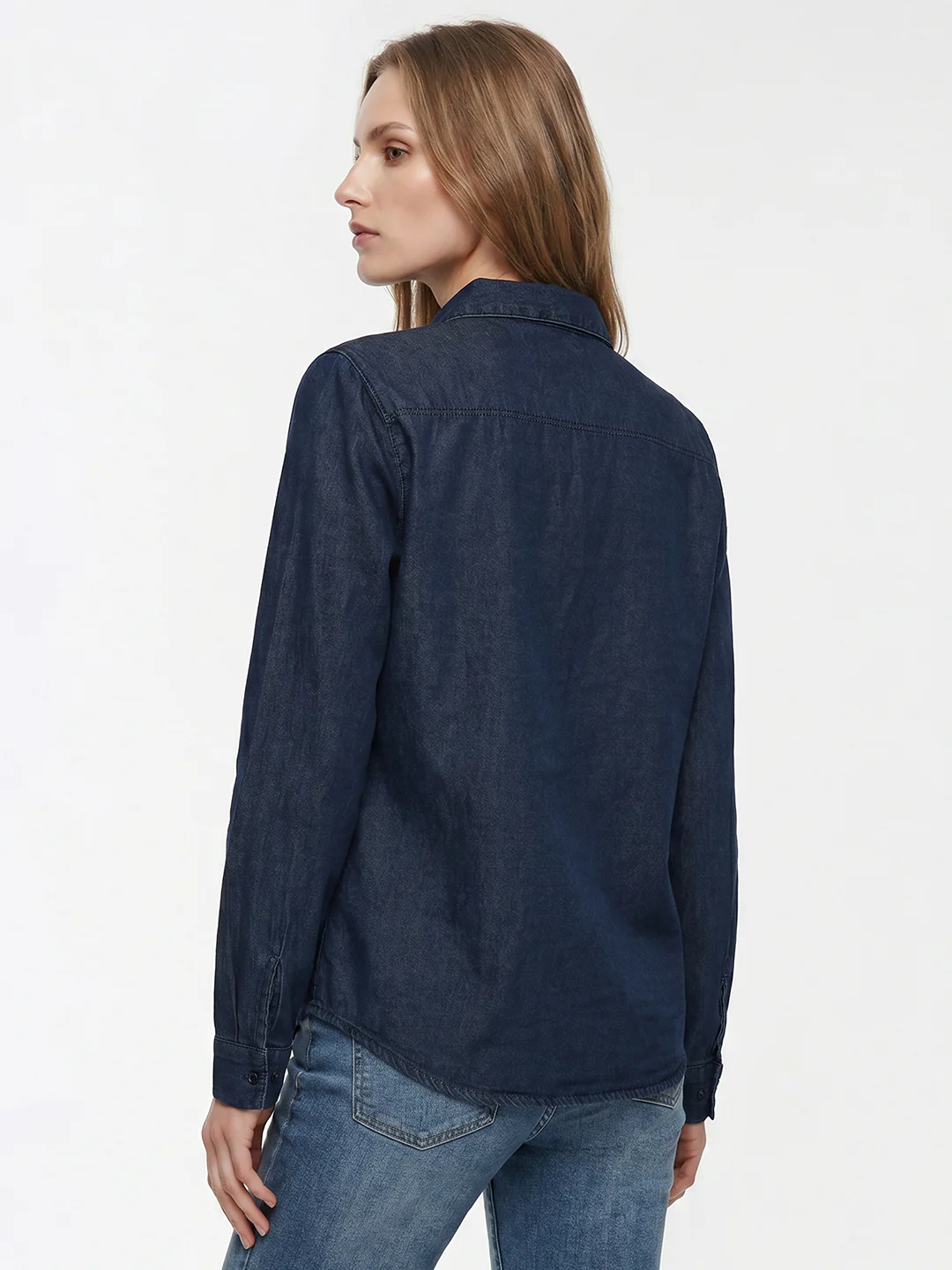 Women Dark Blue Denim Shirt - Image 3