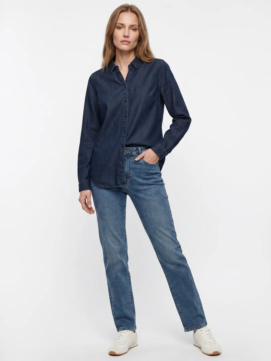 Women Dark Blue Denim Shirt - Image 4