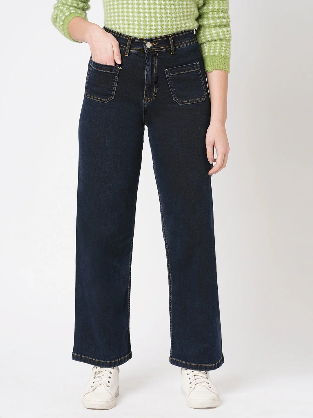 Women Dark Blue High Marine Wide Leg Jeans - Image 2