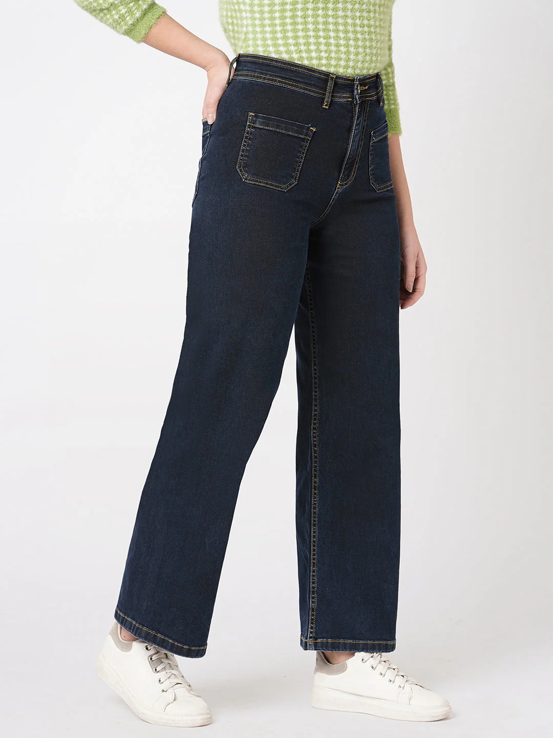 Women Dark Blue High Marine Wide Leg Jeans - Image 6