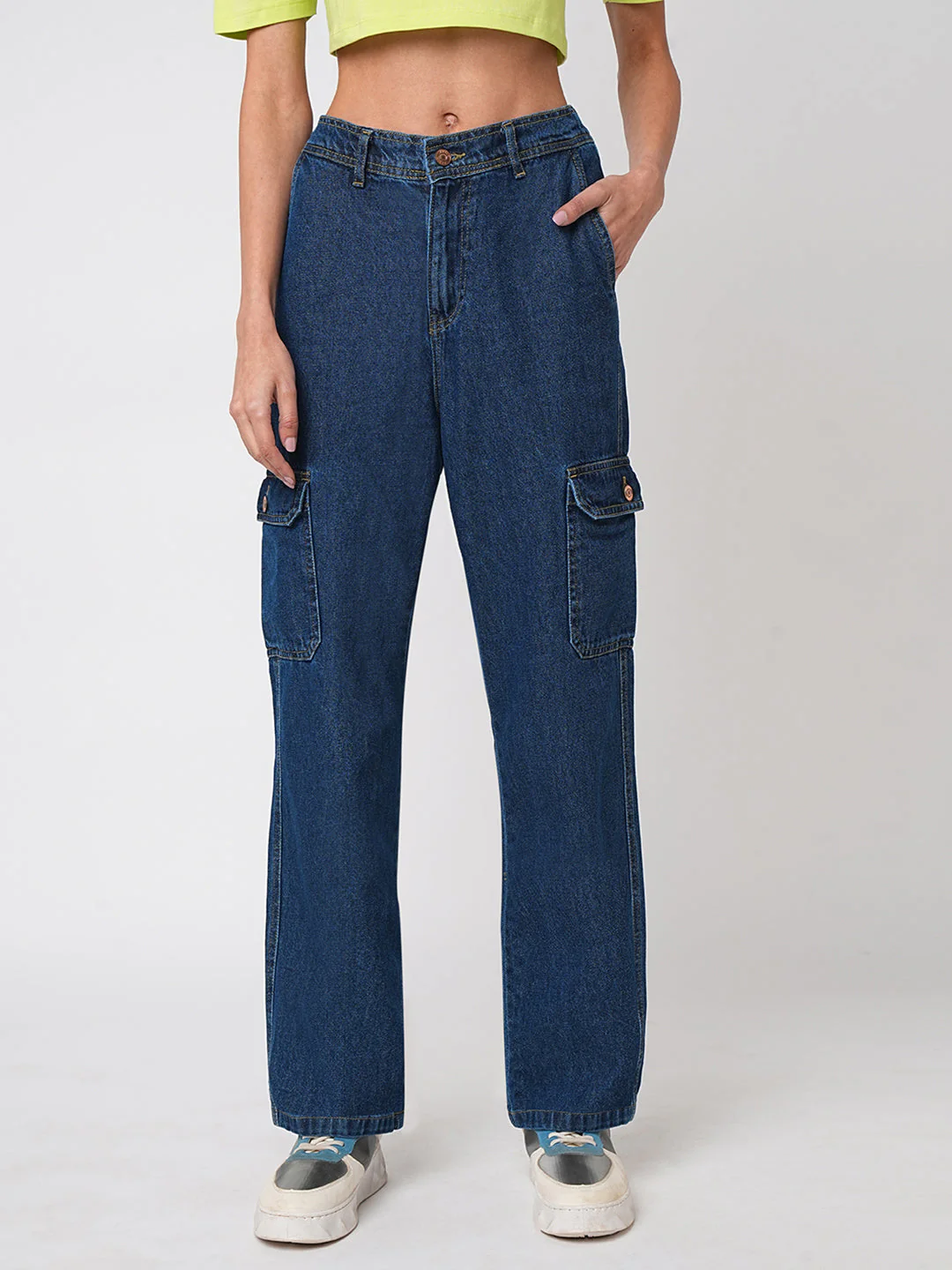 Women Dark Blue High-Rise Cargo - Image 2