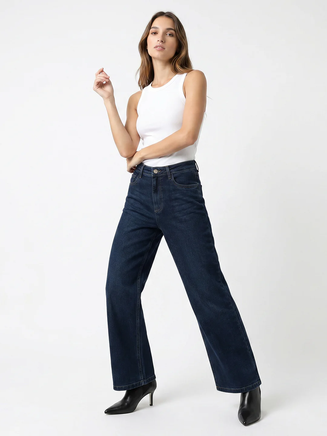 Women Dark Blue High-Rise Crop Wide Leg Jeans - Image 4