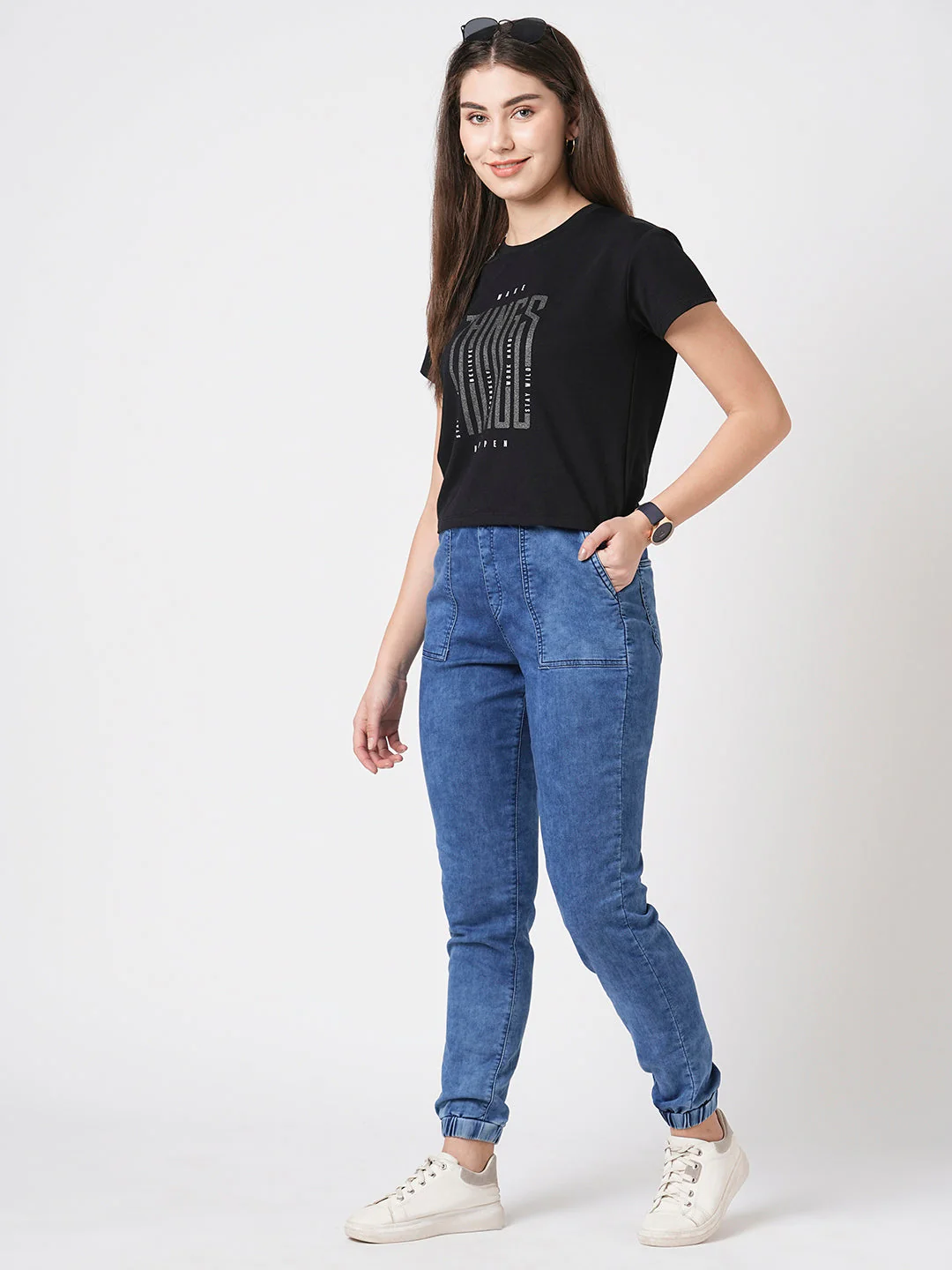 Women Dark Blue High-Rise Denim Joggers - Image 3