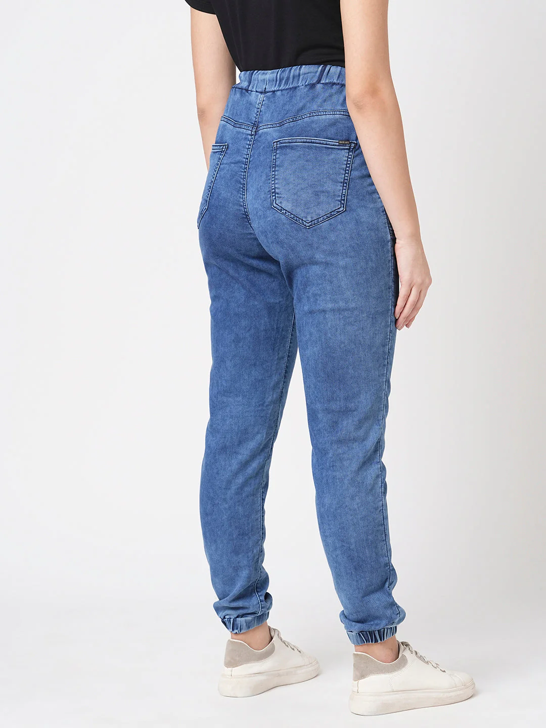 Women Dark Blue High-Rise Denim Joggers - Image 4