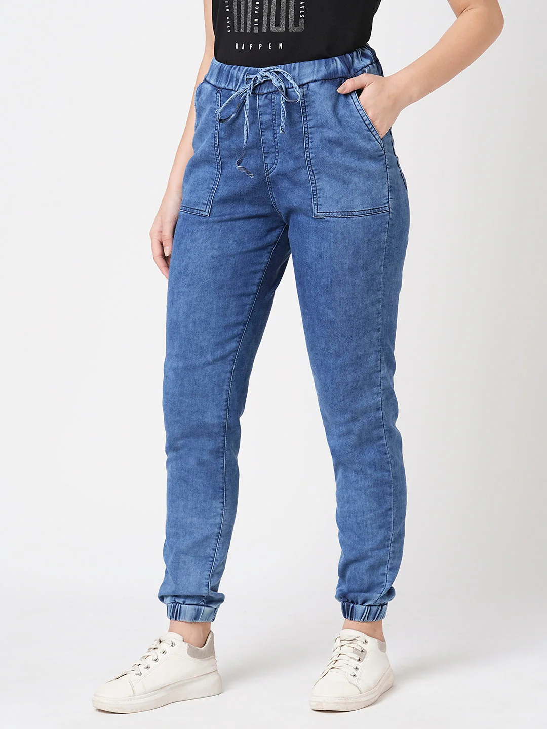 Women Dark Blue High-Rise Denim Joggers - Image 5