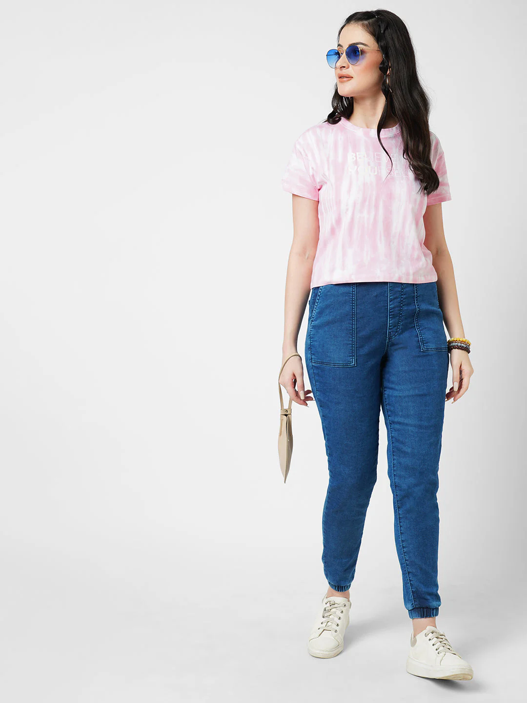 Women Dark Blue High-Rise Denim Joggers - Image 3