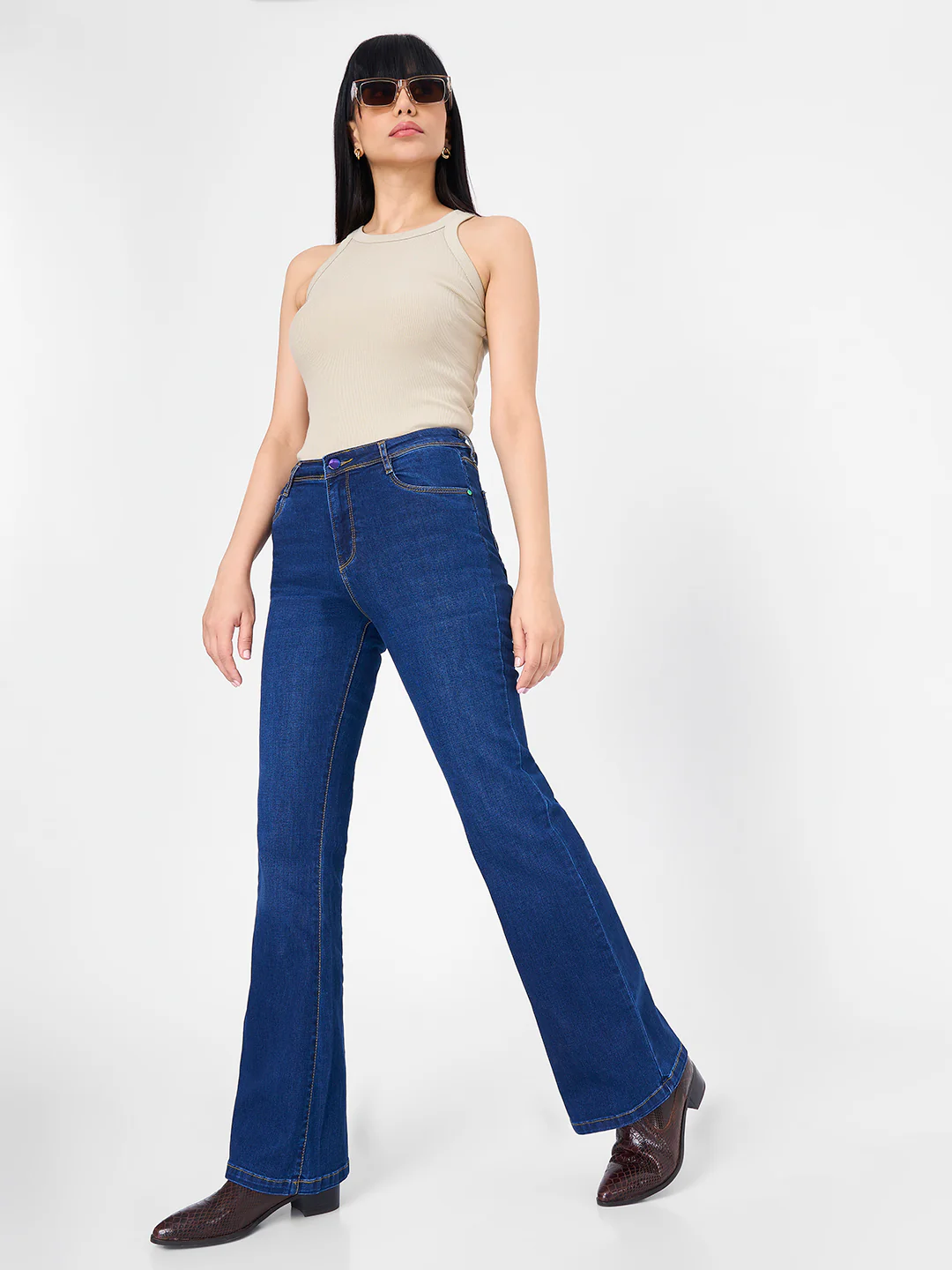 Women Dark Blue High-Rise Flare Jeans - Image 4