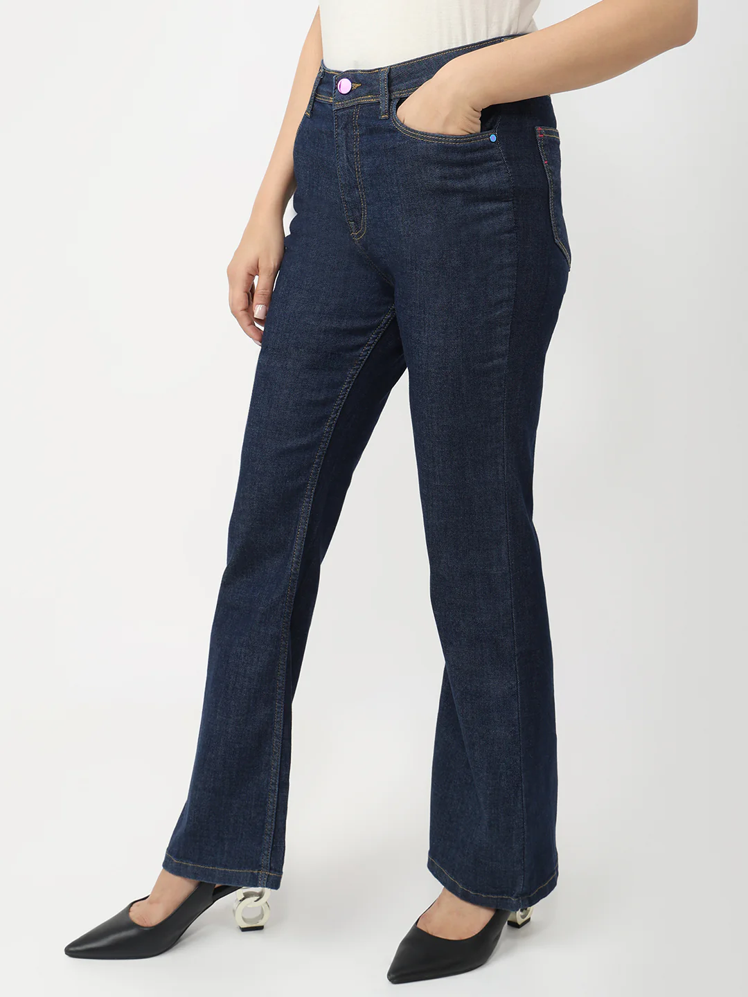 Women Dark Blue High-Rise Flare Jeans - Image 7