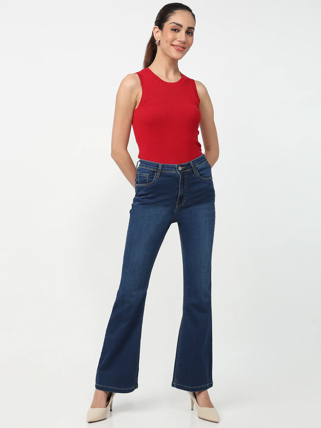 Women Dark Blue High-Rise Flare Jeans - Image 4