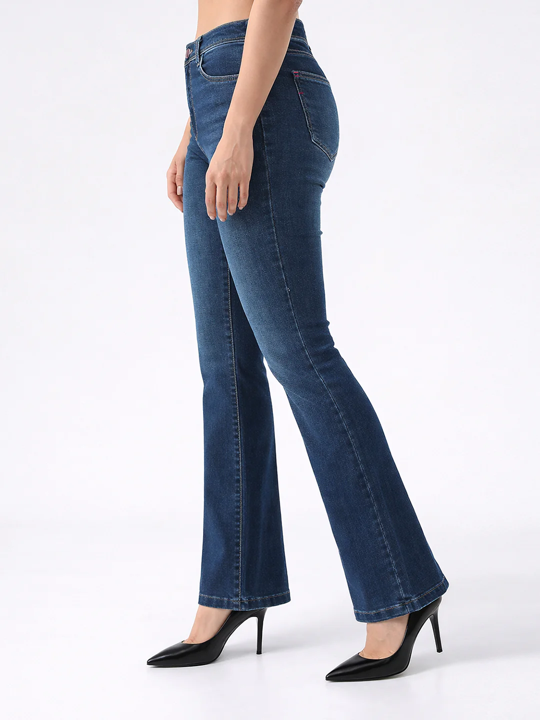 Women Dark Blue High-Rise Mini Flare Jeans - Image 6