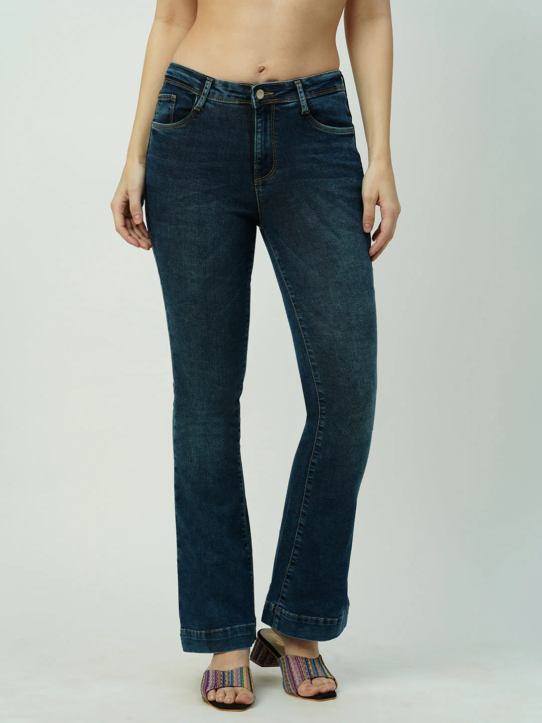 Women Dark Blue High-Rise Mini Flare Jeans - Image 2