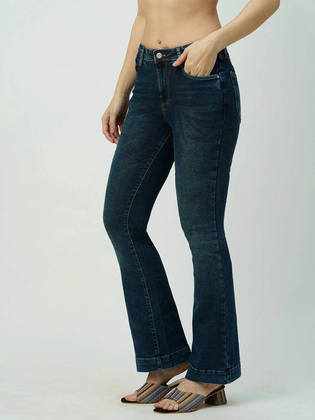 Women Dark Blue High-Rise Mini Flare Jeans - Image 6