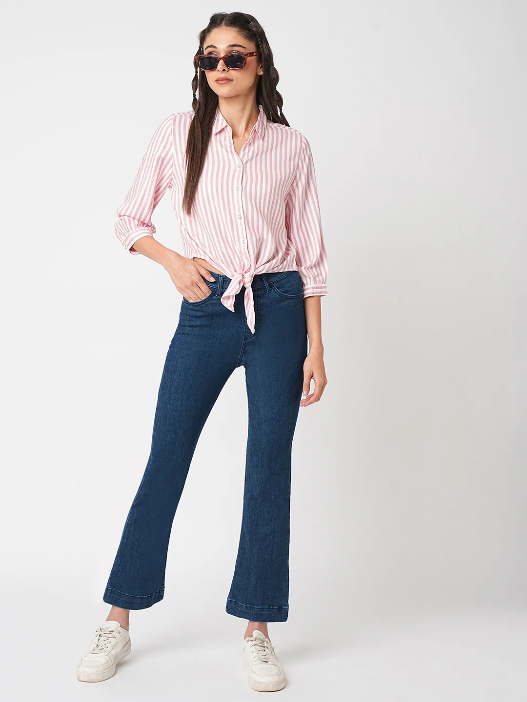 Women Dark Blue High-Rise Mini Flare Jeans - Image 4