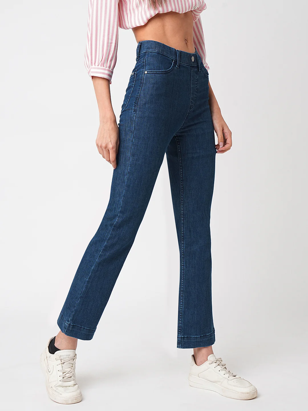 Women Dark Blue High-Rise Mini Flare Jeans - Image 6