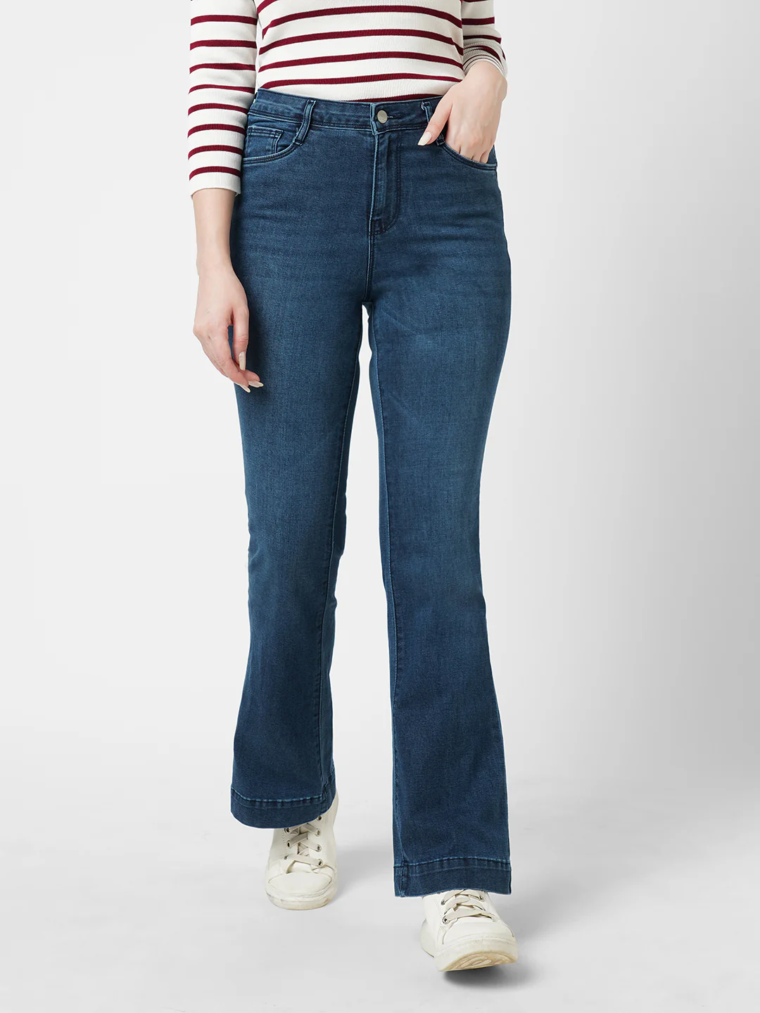 Women Dark Blue High-Rise Mini Flare Jeans - Image 2