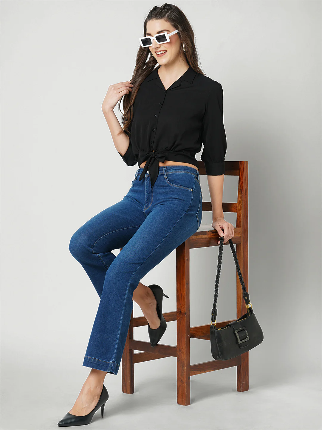 Women Dark Blue High-Rise Mini Flare Jeans