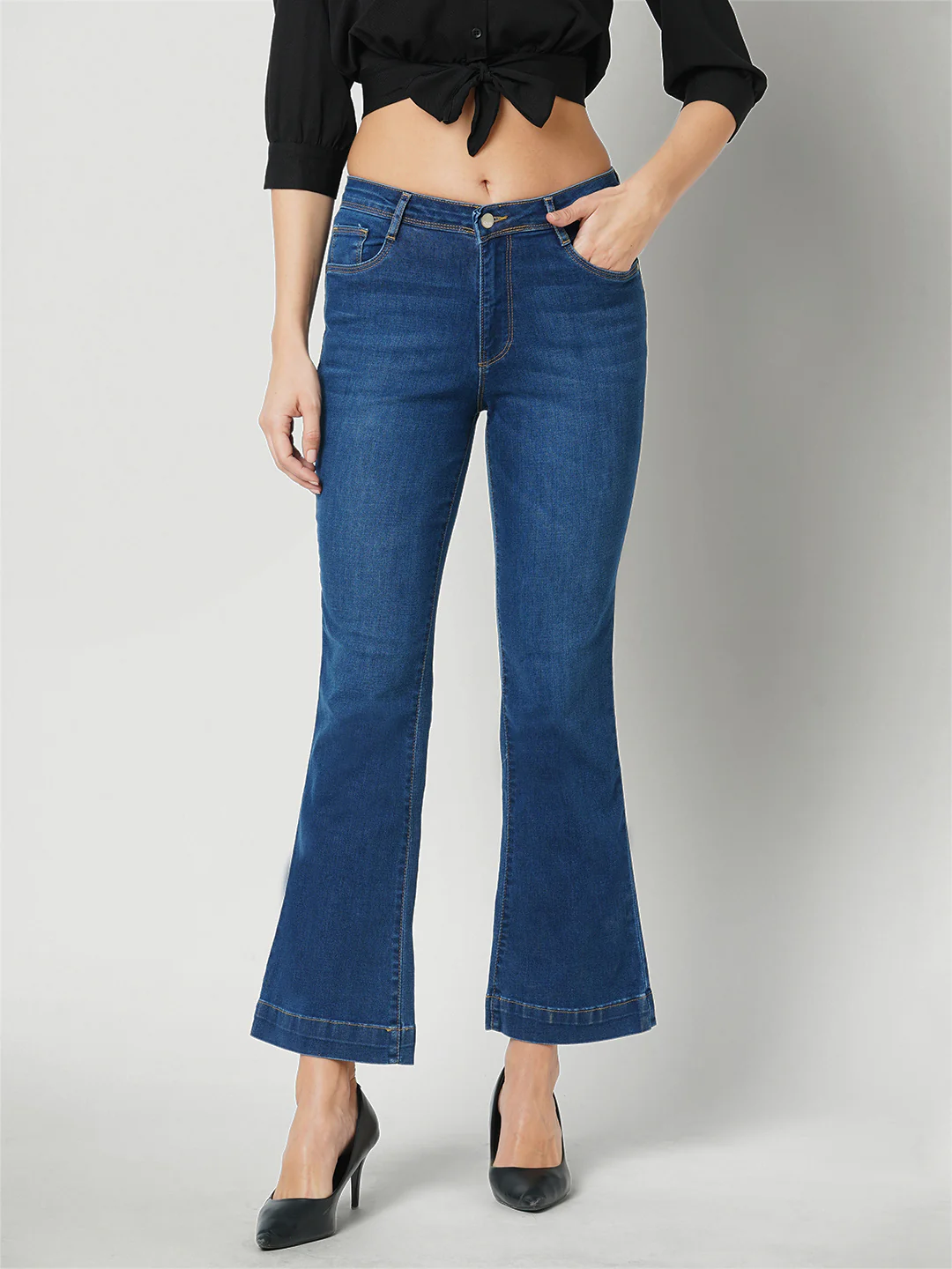 Women Dark Blue High-Rise Mini Flare Jeans - Image 2