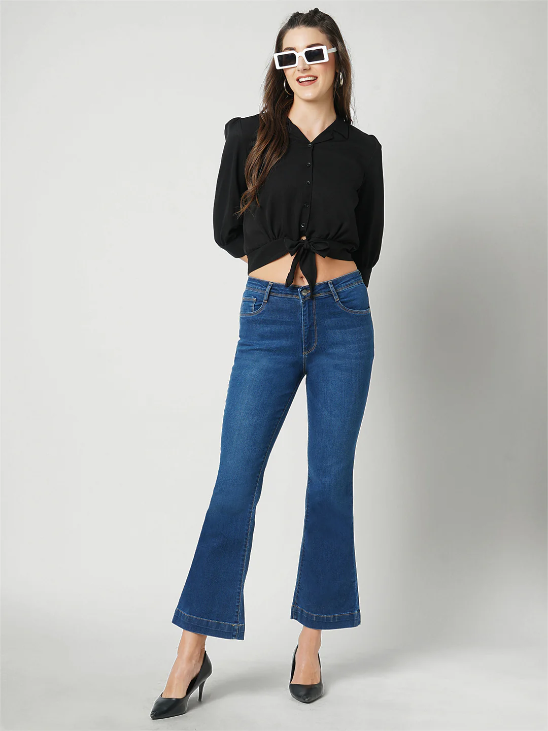 Women Dark Blue High-Rise Mini Flare Jeans - Image 4