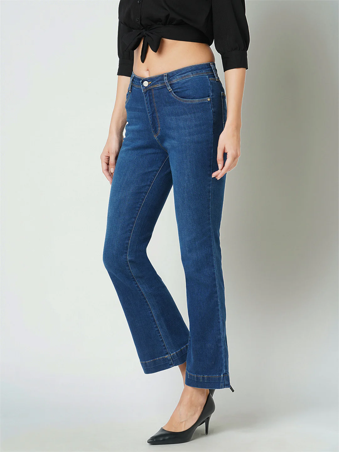 Women Dark Blue High-Rise Mini Flare Jeans - Image 5