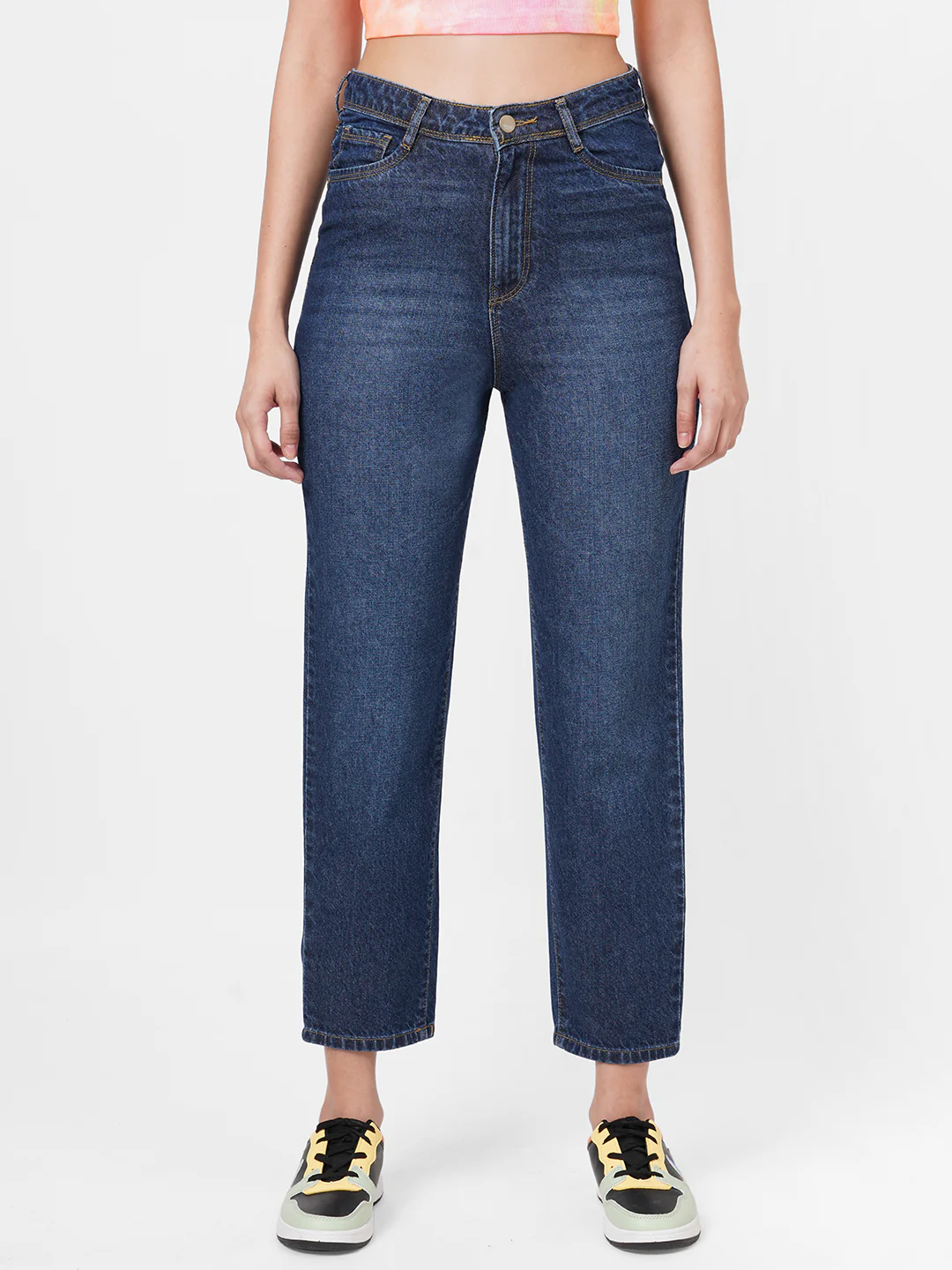 Women Dark Blue High-Rise Mom Fit Jeans - Image 2