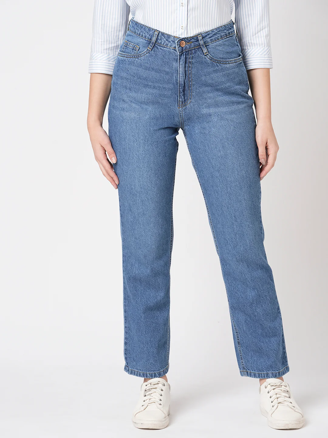 Women Dark Blue High-Rise Relax Straight Fit Jeans - Image 2