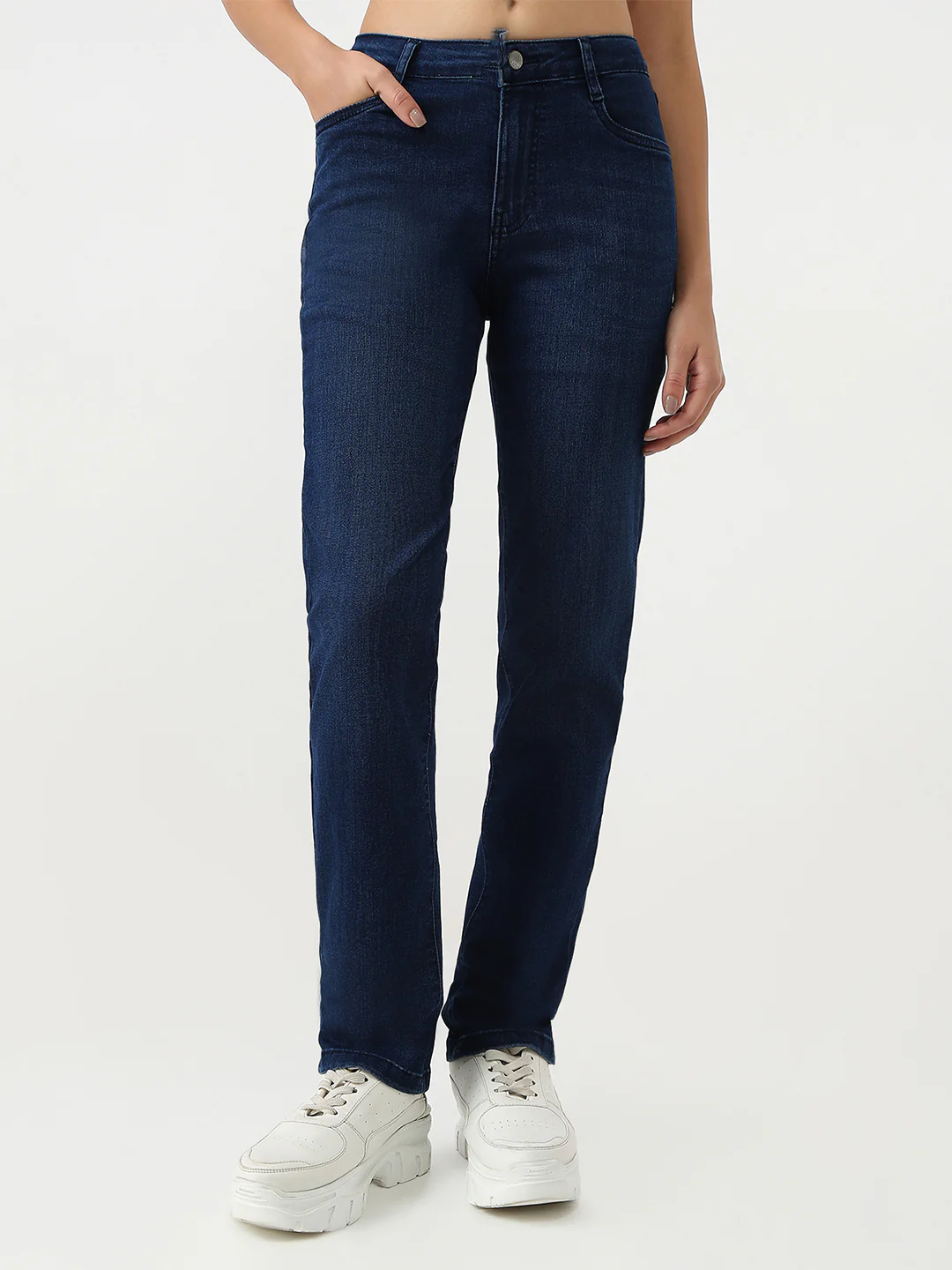 Women Dark Blue High-Rise Relaxed Straight Fit Jeans - Image 2