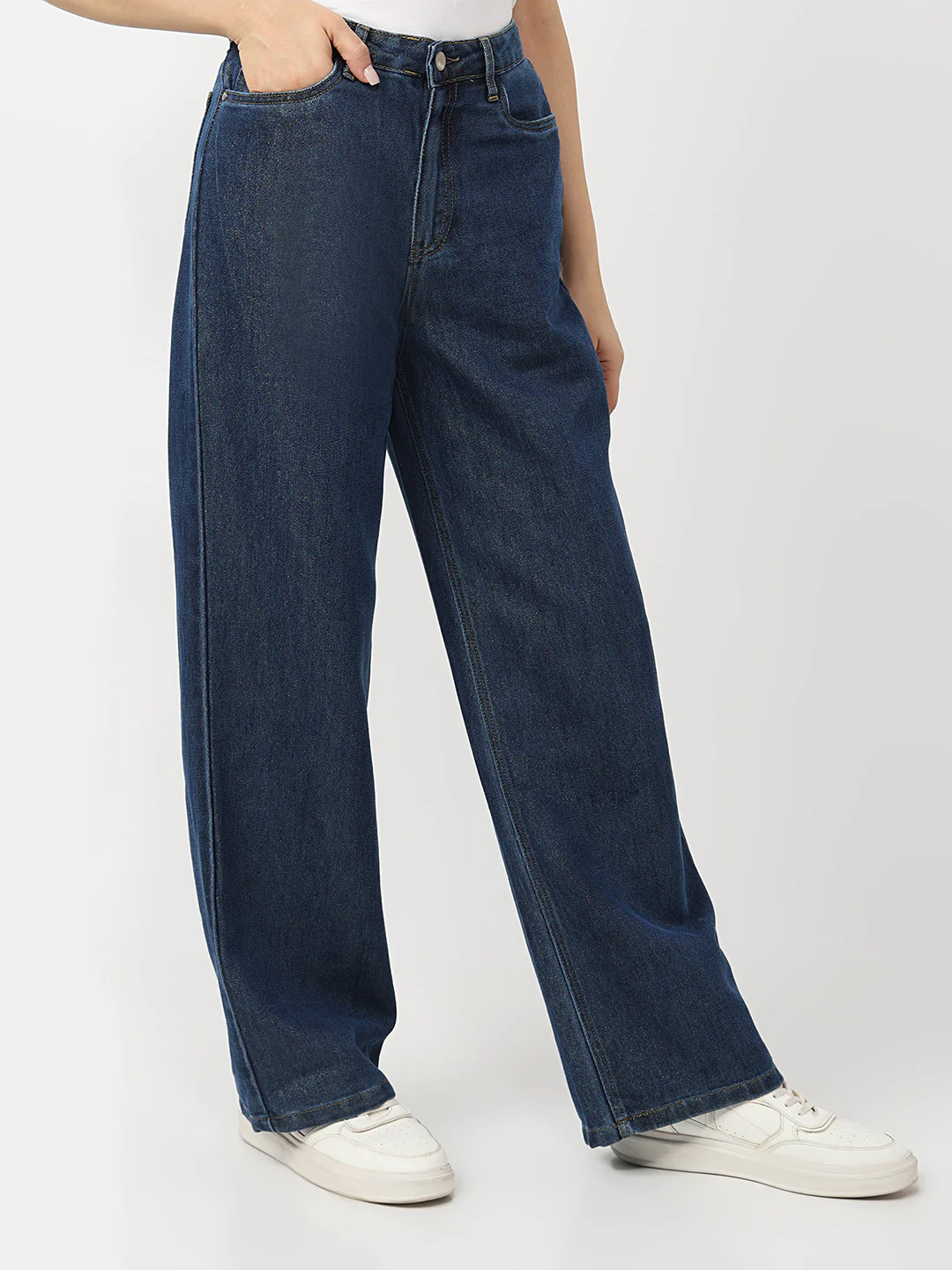 Women Dark Blue High-Rise Shimmery Baggy Jeans - Image 5