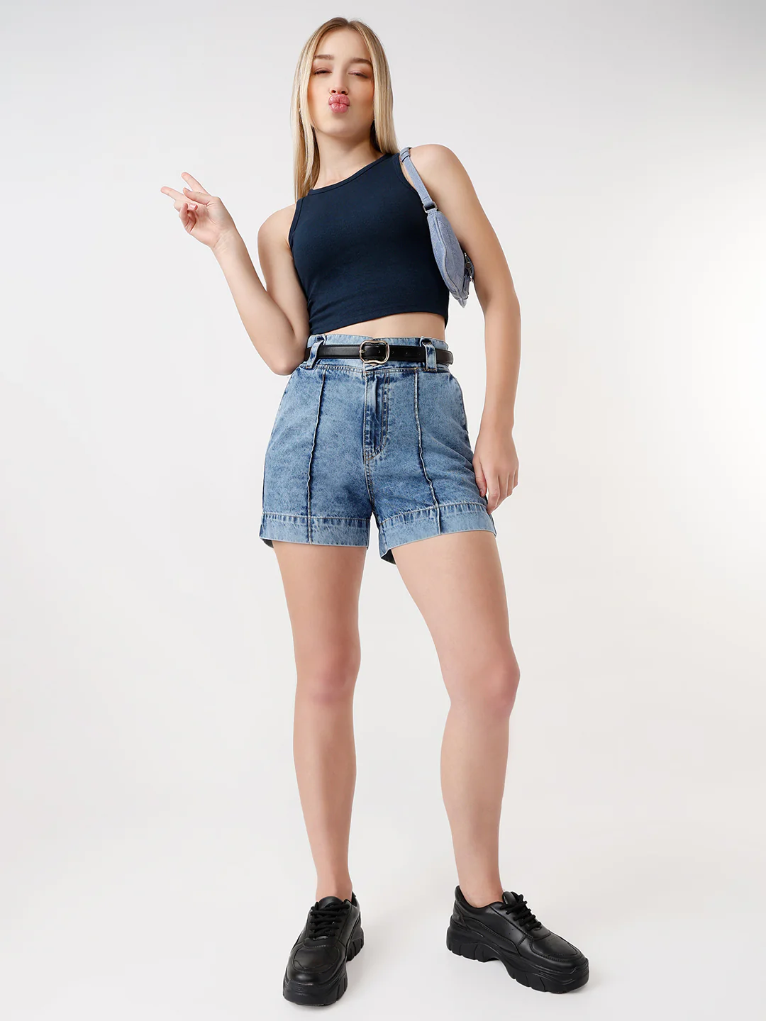 Women Dark Blue High-Rise Shorts