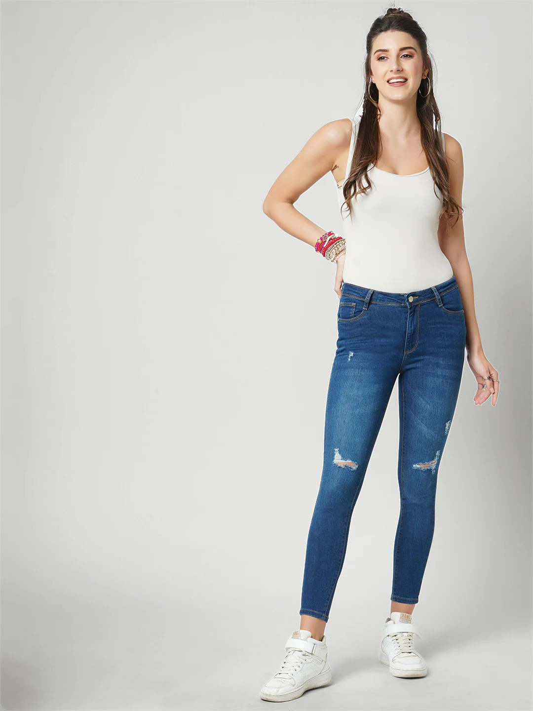 Women Dark Blue High-Rise Skinny Fit Ripped Jeans - Image 2