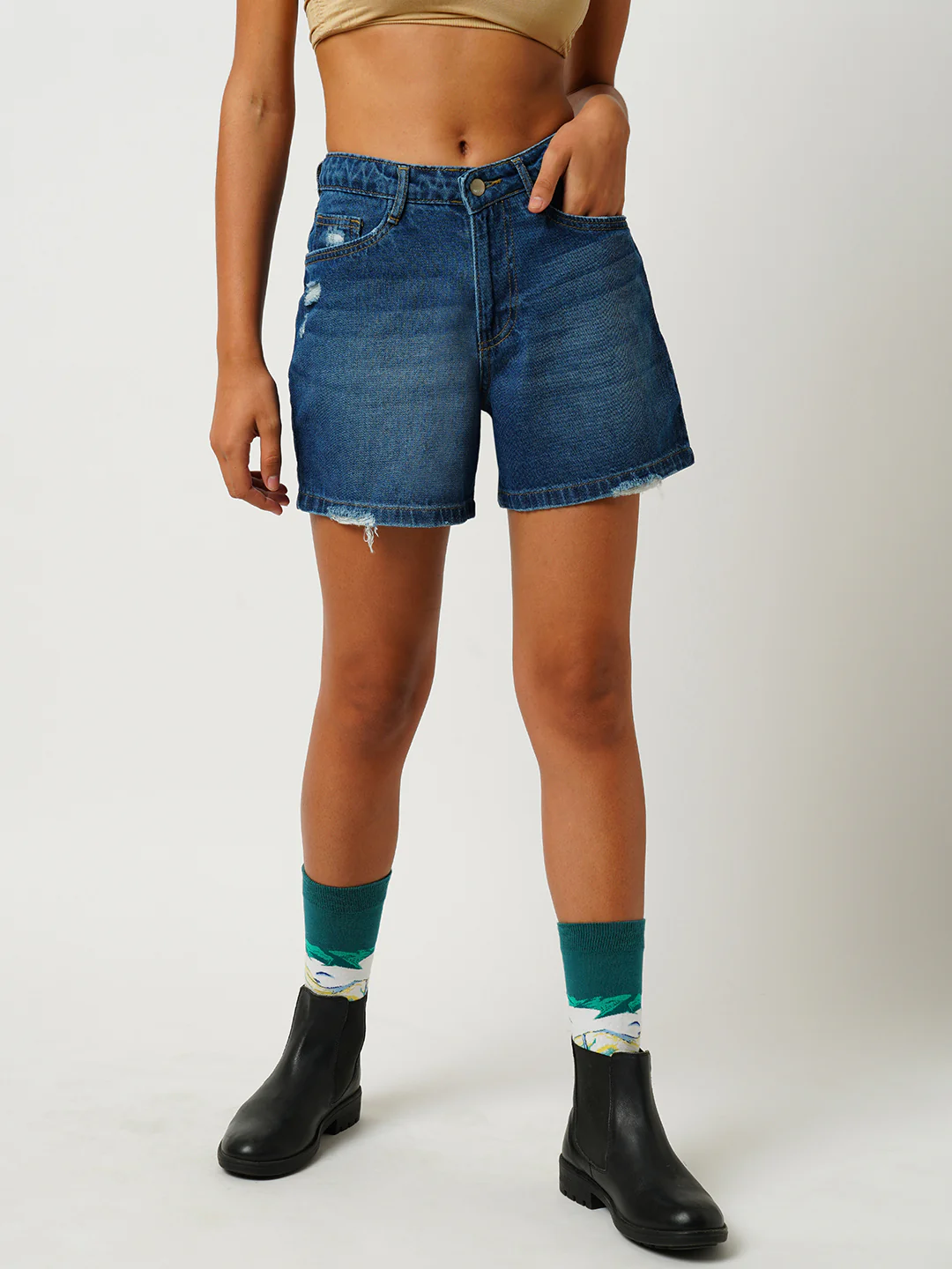 Women Dark Blue High-Rise Slim Shorts - Image 2