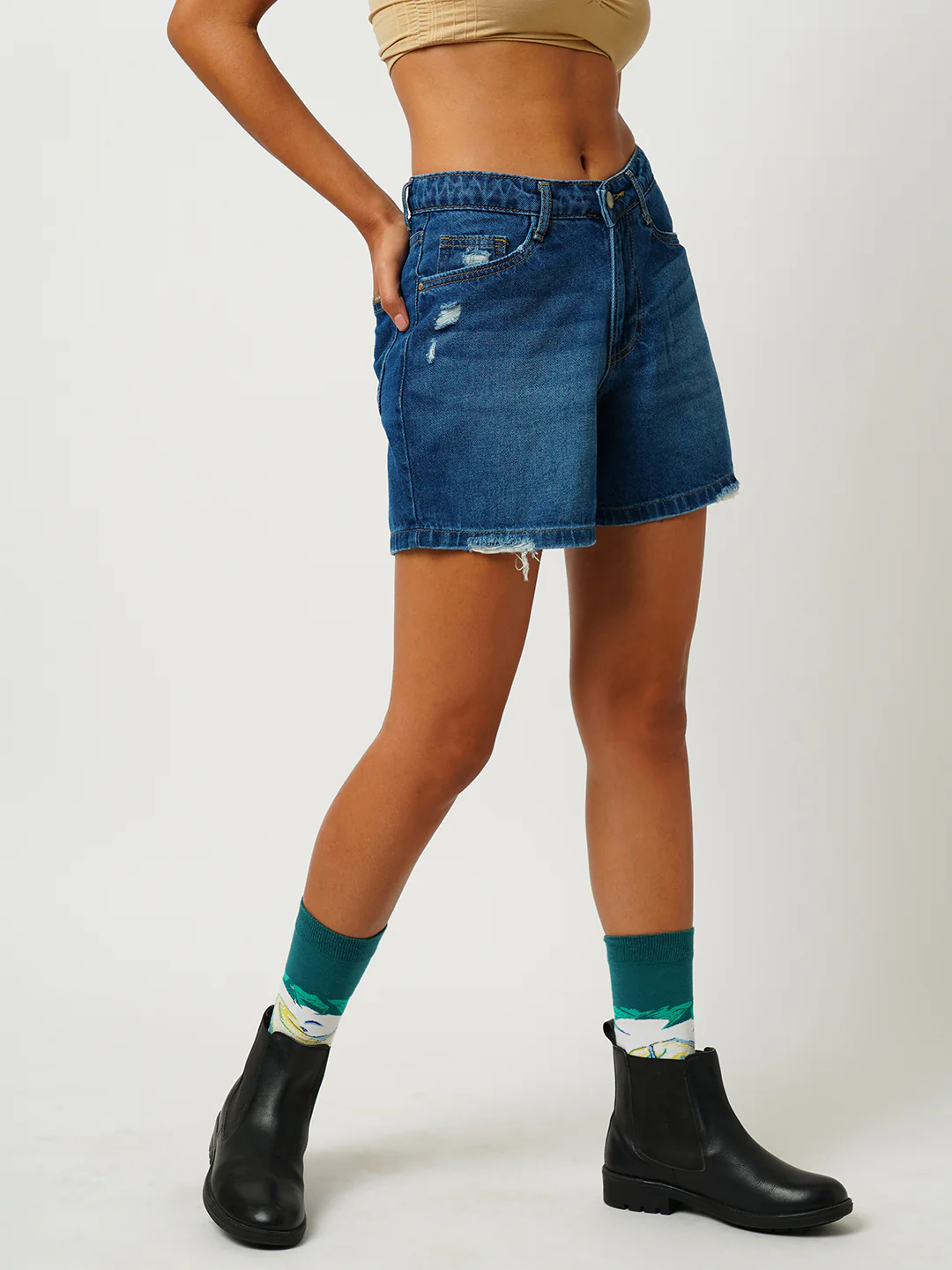 Women Dark Blue High-Rise Slim Shorts - Image 4