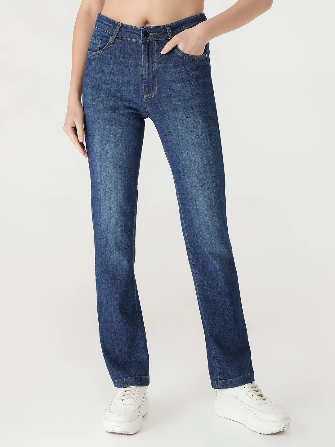 Women Dark Blue High-Rise Slim Straight Fit Jeans - Image 2