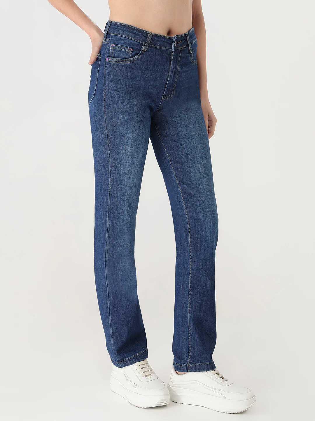 Women Dark Blue High-Rise Slim Straight Fit Jeans - Image 5