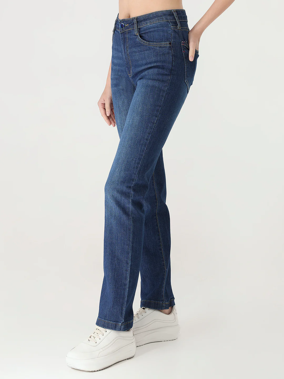 Women Dark Blue High-Rise Slim Straight Fit Jeans - Image 7