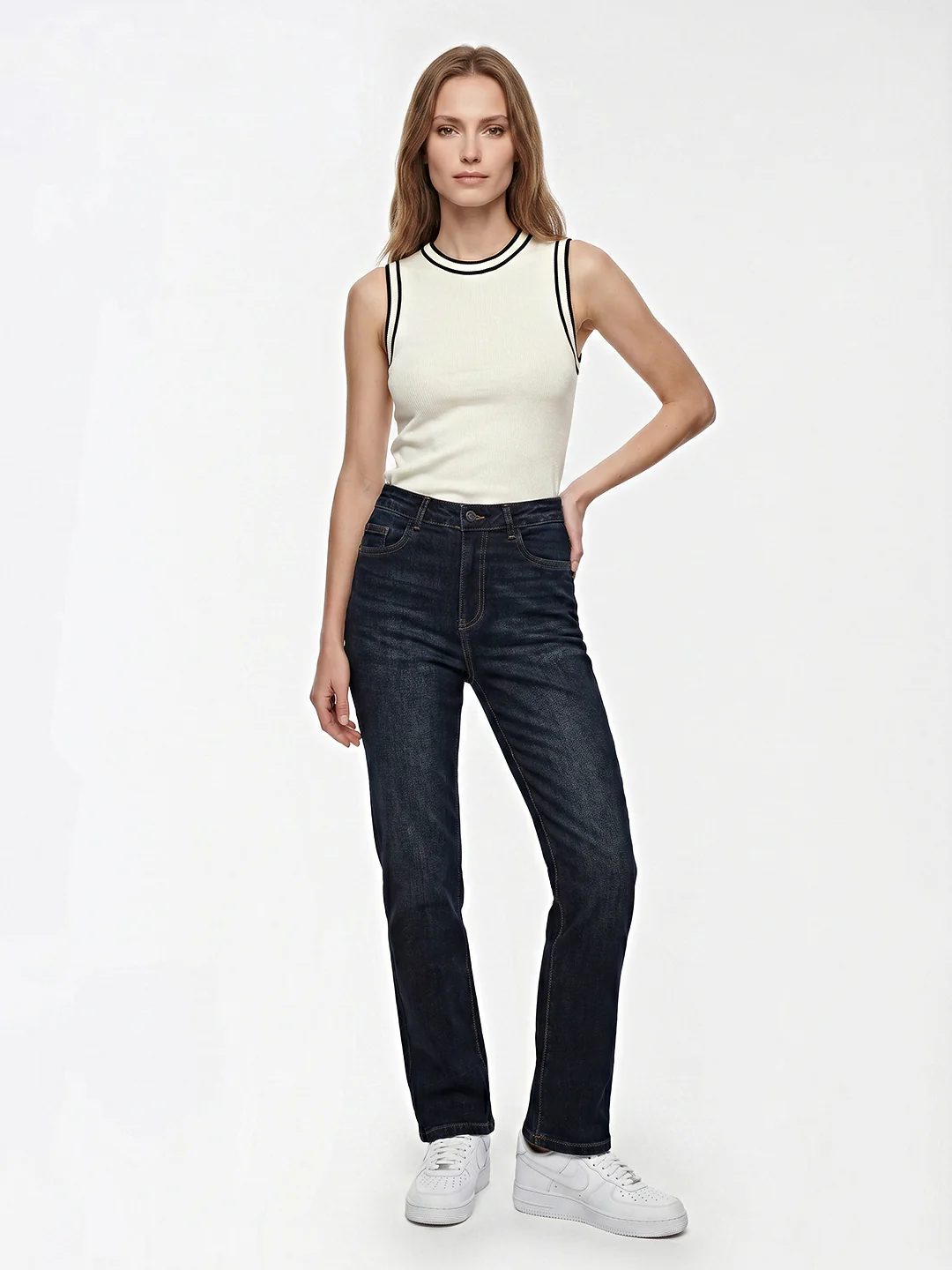 Women Dark Blue High-Rise Slim Straight Fit Jeans - Image 4
